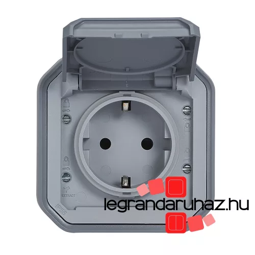Legrand Plexo 55 falon kívüli 2P+F csatlakozóaljzat csapófedéllel, összeszerelt, rugós vezetékbekötéssel, szürke, Legrand 069730L