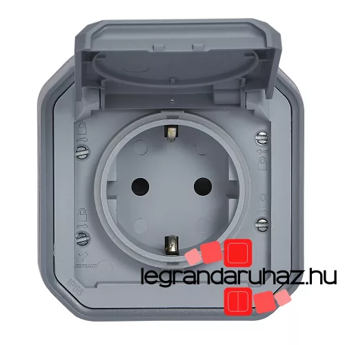 Legrand Plexo 55 falon kívüli 2P+F csatlakozóaljzat csapófedéllel, összeszerelt, csavaros vezetékbekötéssel, szürke, Legrand 069733L