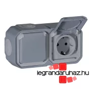   Legrand Plexo 55 falon kívüli 2x2P+F elővezetékezett vízszintes csatlakozóaljzat csapófedéllel, összeszerelt, szürke, Legrand 069742L