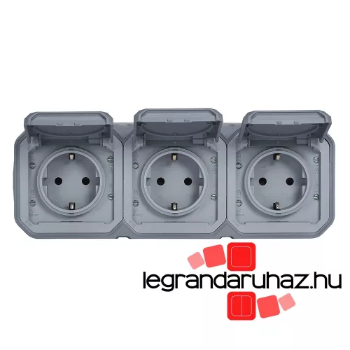 Legrand Plexo 55 falon kívüli 3x2P+F elővezetékezett vízszintes csatlakozóaljzat csapófedéllel, összeszerelt, szürke, Legrand 069743L