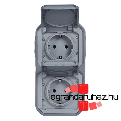 Legrand Plexo 55 falon kívüli 2x2P+F elővezetékezett függőleges csatlakozóaljzat csapófedéllel, összeszerelt, szürke, Legrand 069744L