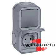   Legrand Plexo 55 falon kívüli váltókapcsoló + 2P+F csatlakozóaljzat csapófedéllel, összeszerelt, csavaros vezetékbekötéssel, szürke, Legrand 069746L