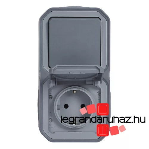 Legrand Plexo 55 falon kívüli váltókapcsoló + 2P+F csatlakozóaljzat csapófedéllel, összeszerelt, csavaros vezetékbekötéssel, szürke, Legrand 069746L