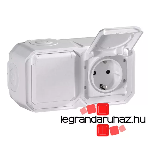 Legrand Plexo 55 falon kívüli 2x2P+F elővezetékezett vízszintes csatlakozóaljzat csapófedéllel, összeszerelt, fehér, Legrand 069772L