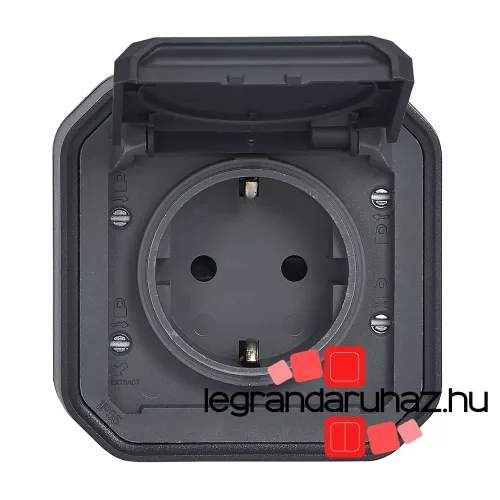 Legrand Plexo 55 falon kívüli 2P+F csatlakozóaljzat csapófedéllel, összeszerelt, csavaros vezetékbekötéssel, antracit, Legrand 069783L