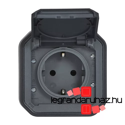 Legrand Plexo 55 falon kívüli 2P+F csatlakozóaljzat csapófedéllel, összeszerelt, rugós vezetékbekötéssel, antracit, Legrand 069799L
