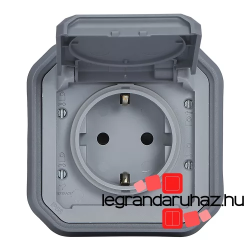 Legrand Plexo 55 süllyesztett 2P+F csatlakozóaljzat csapófedéllel, összeszerelt, rögzítőkörommel és csavaros vezetékbekötéssel, szürke, Legrand 069834L
