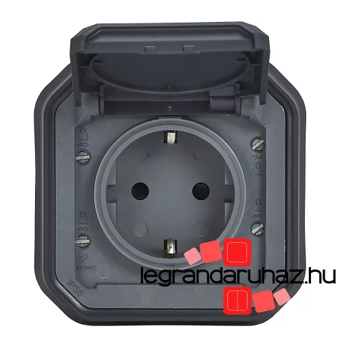Legrand Plexo 55 süllyesztett 2P+F csatlakozóaljzat csapófedéllel, összeszerelt, csavaros vezetékbekötéssel, antracit, Legrand 069859L