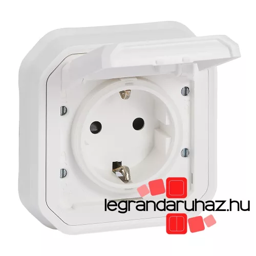 Legrand Plexo 55 süllyesztett 2P+F csatlakozóaljzat csapófedéllel, összeszerelt, rögzítőkörommel és csavaros vezetékbekötéssel, fehér, Legrand 069868L