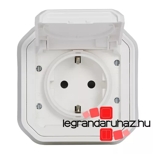 Legrand Plexo 55 süllyesztett 2P+F csatlakozóaljzat csapófedéllel, összeszerelt, rögzítőkörommel és csavaros vezetékbekötéssel, fehér, Legrand 069868L