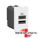 Legrand Program Mosaic kettős USB-A és USB-C töltőaljzat - 3 A - 15 W, 1 modul, fehér, Legrand 077670L