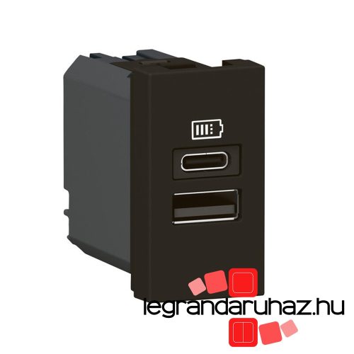 Legrand Program Mosaic kettős USB-A és USB-C töltőaljzat - 3 A - 15 W, 1 modul, fekete, Legrand 077672L