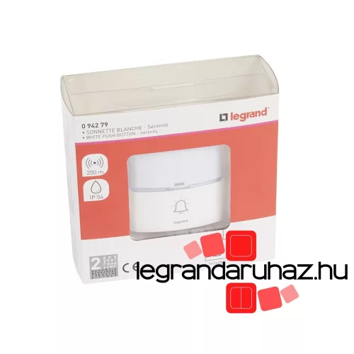 Legrand Kiegészítő PRÉMIUM szögletes csengőnyomó gomb IP54-es, 100m-es hatótávolsággal, elemmel, fehér, Legrand 094279