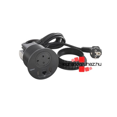 Legrand Incara Disq 80 - bútorba süllyeszthető 2P+F + USB A+C + RJ45 Cat.6 UTP aljzat, 2m kábellel, fekete, Legrand  654711