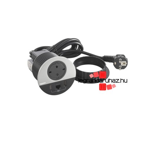 Legrand Incara Disq 80 - bútorba süllyeszthető 2P+F + USB A+C + RJ45 Cat.6 UTP aljzat, 2m kábellel, alumínium, Legrand  654712