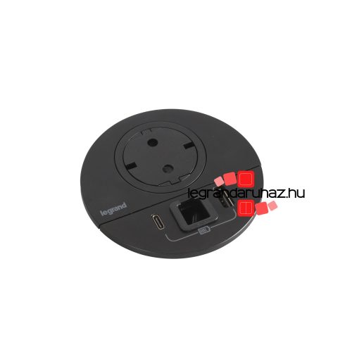 Legrand Incara Disq 80 - bútorba süllyeszthető 2P+F + USB A+C + kábelkivezető aljzat, 2m kábellel, fekete, Legrand  654715