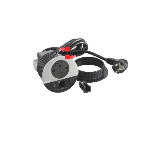 Legrand Incara Disq 80 - bútorba süllyeszthető 2P+F + USB A+C + kábelkivezető aljzat, 2m kábellel, alumínium, Legrand  654716