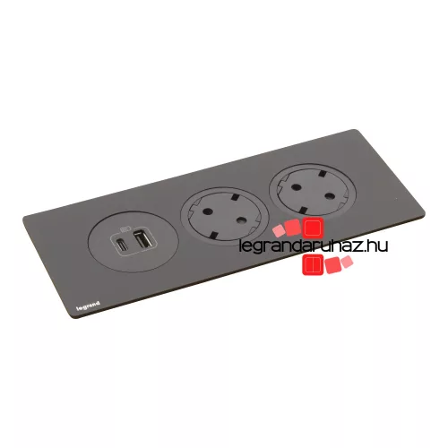 Legrand Incara Disq In 3 - bútorba süllyeszthető 2x2P+F + 1xUSB A+C aljzat, 2m kábellel, fekete, Legrand  654750