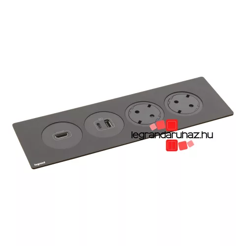 Legrand Incara Disq In 4 - bútorba süllyeszthető 2x2P+F + 1xUSB A+C + 1xHDMI aljzat, 2m kábellel, fekete, Legrand  654751