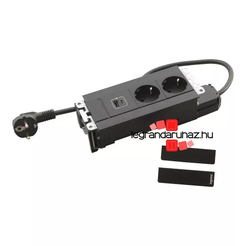 Legrand Incara Multilink - bútorba süllyeszthető, 6 modul, 2x2P+F + USB A+C aljzat, 2m kábellel, fekete, Legrand  654786
