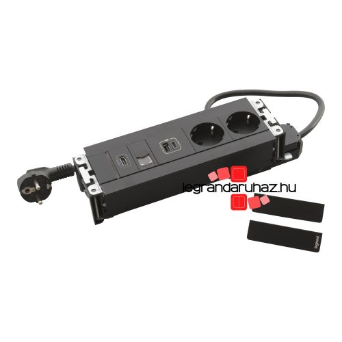 Legrand Incara Multilink - bútorba süllyeszthető, 8 modul, 2x2P+F + USB A+C + RJ45 Cat.6 UTP 1 modul + HDMI 1 modul aljzat, 2m kábellel, fekete, Legrand  654787
