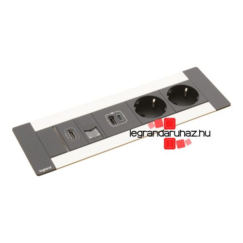 Legrand Incara Multilink - bútorba süllyeszthető, 8 modul, 2x2P+F + USB A+C + RJ45 Cat.6 UTP 1 modul + HDMI 1 modul aljzat, 2m kábellel, alumínium, Legrand  654791