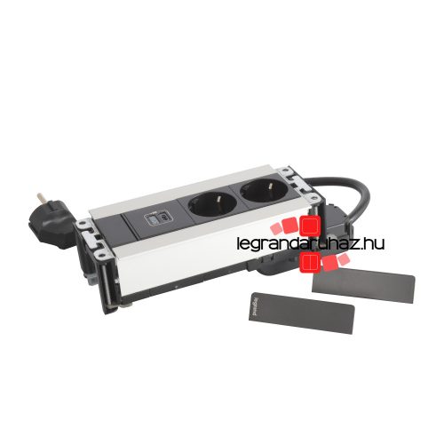 Legrand Incara Multilink - bútorba süllyeszthető, 6 modul, 2x2P+F + USB C aljzat, 2m kábellel, alumínium, Legrand  654793