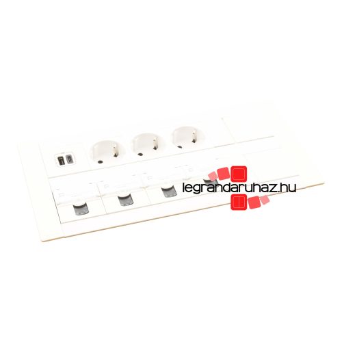 Legrand Incara Multilink - válaszfalba süllyeszthető, 2x8 modul, 3x2P+F + USB A+C + 4xRJ45 Cat.6 UTP aljzat, 2m kábellel, fehér, Legrand  654865