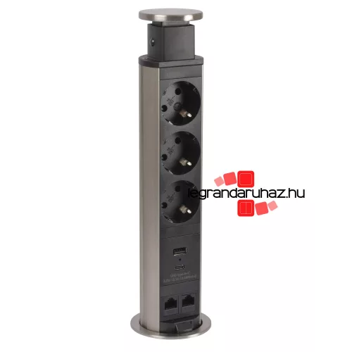 Legrand Incara Tower 60 - bútorba süllyeszthető, 3x2P+F + 2xRJ45 Cat.6 UTP + USB A+C aljzat, 2m kábellel, Legrand  654975