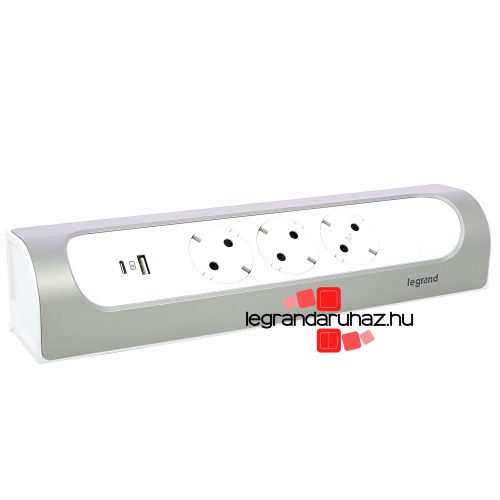 Legrand Sarokba illeszkedő elosztósor, 3x2P+F, USB-A + USB-C, vezeték nélkül, fehér-alumínium, Legrand 694504