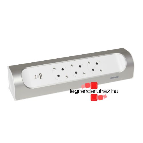 Legrand Sarokba illeszkedő elosztósor, 3x2P+F, USB-A + USB-C, vezeték nélkül, fehér-alumínium, Legrand 694504