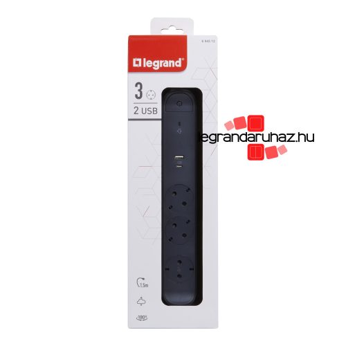 Legrand Elosztósor Premium 3x2P+F, túlfeszültség-védelemmel, USB-A + USB-C, 1,5 m vezetékkel, fekete, Legrand 694512