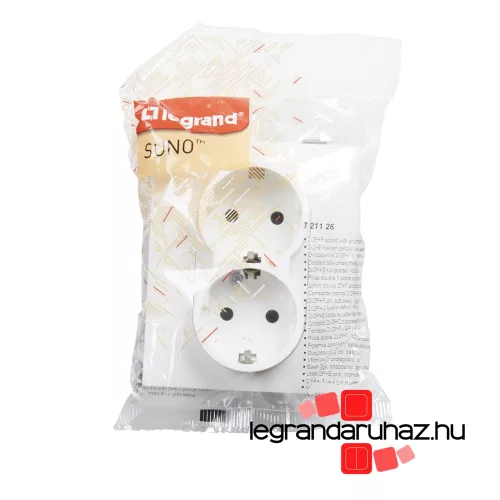 Legrand Suno 2x2P+F csatlakozóaljzat biztonsági zsaluval, egybeépített burkolattal, rugós fehér, Legrand 721126