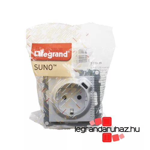 Legrand Suno 2P+F csatlakozóaljzat+ USB C-túpusú töltőaljzat, alumínium, Legrand 721329