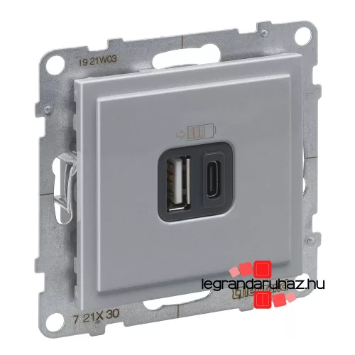 Legrand Suno töltőaljzat kettős USB C-típusú + USB A-típusú csatlakozóval, alumínium, Legrand 721330