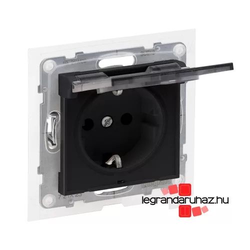 Legrand Suno 2P+F csatlakozóaljzat biztonsági zsaluval, csapófedéllel, IP44 fekete, Legrand 721423