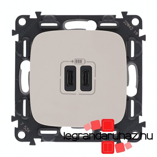 Legrand Valena Allure Töltőaljzat Kettős USB C-típusú csatlakozóval, 5V–3A–15W, Túlfesz-védelem >1kW, Class II SELV, Elefántcsont, Legrand 755346