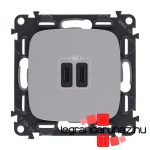 Legrand Valena Allure Töltőaljzat Kettős USB C-típusú csatlakozóval, 5V–3A–15W, Túlfesz-védelem >1kW, Class II SELV, Alumínium, Legrand 755347