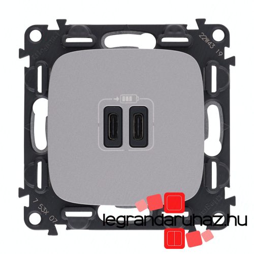 Legrand Valena Allure Töltőaljzat Kettős USB C-típusú csatlakozóval, 5V–3A–15W, Túlfesz-védelem >1kW, Class II SELV, Alumínium, Legrand 755347