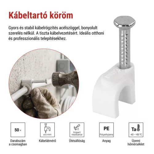 EMOS A2822 fehér kör alakú kábelbilincs 6 mm kábelhez, 50 db