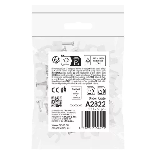 EMOS A2822 fehér kör alakú kábelbilincs 6 mm kábelhez, 50 db
