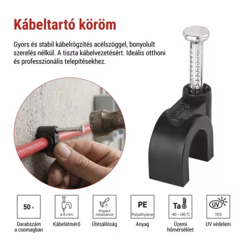 EMOS fekete kör alakú kábelbilincs 8 mm kábelhez, 50 db, A2823