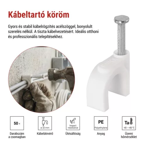 EMOS fehér kör alakú kábelbilincs 10 mm kábelhez, 50 db, A2826