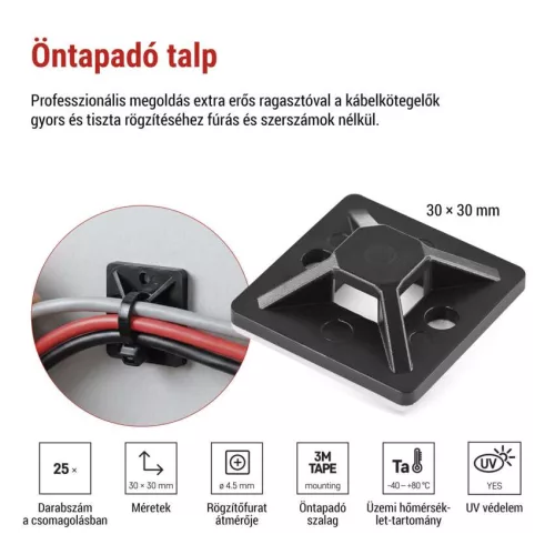 EMOS fekete öntapadó kábelrögzítő talp 3M szalaggal, 30×30 mm, 25 db, A2833