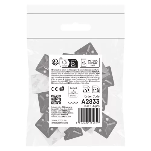 EMOS fekete öntapadó kábelrögzítő talp 3M szalaggal, 30×30 mm, 25 db, A2833