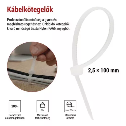 EMOS fehér kábelkötöző 100×2,5 mm, 100 db, A2842