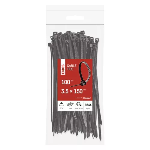 EMOS fekete kábelkötöző 150×3,5 mm, 100 db-os csomag, A2843