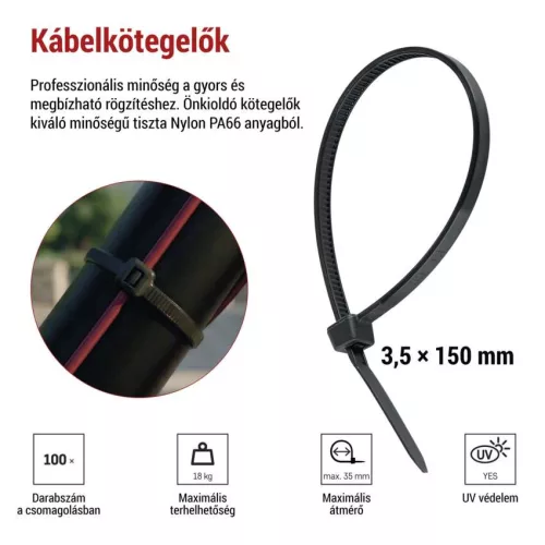 EMOS fekete kábelkötöző 150×3,5 mm, 100 db-os csomag, A2843
