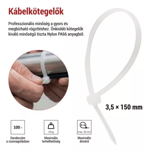EMOS A2844 fehér kábelkötöző 150×3,5 mm, 100 db-os csomag