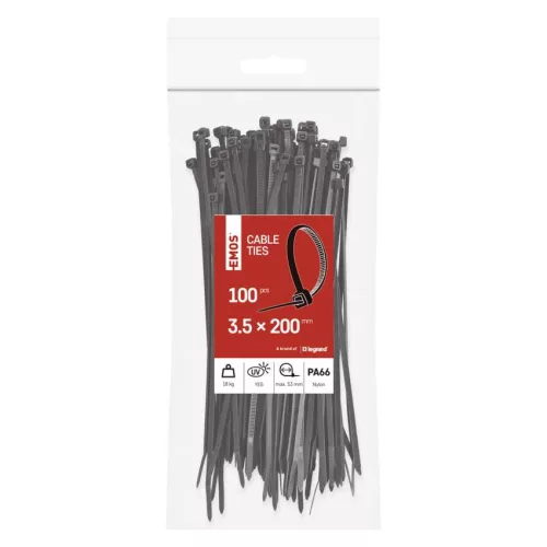 EMOS fekete kábelkötöző 200×3,5 mm, 100 db-os csomag, A2845